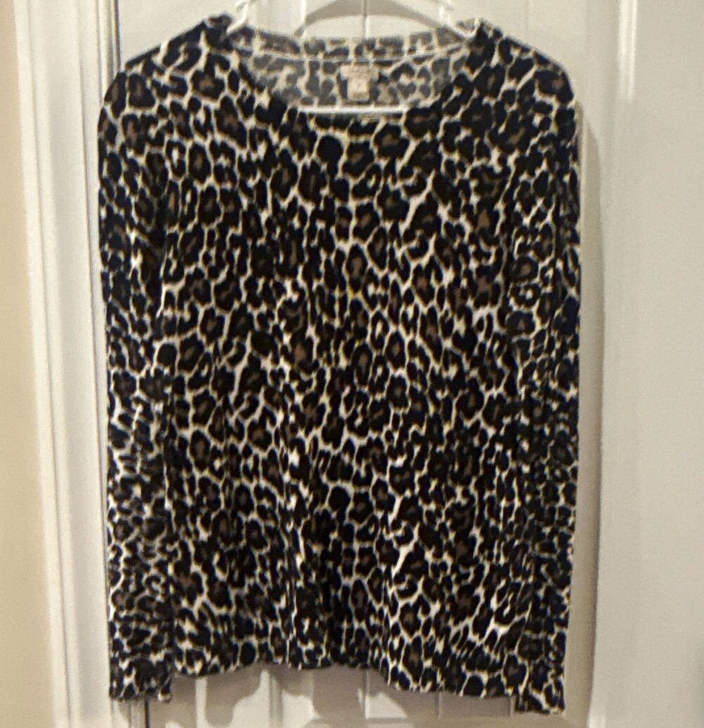 J.Crew M Black Beige Leopard Knit Crew Neck Long Sleeve Pullover Sweater F4731